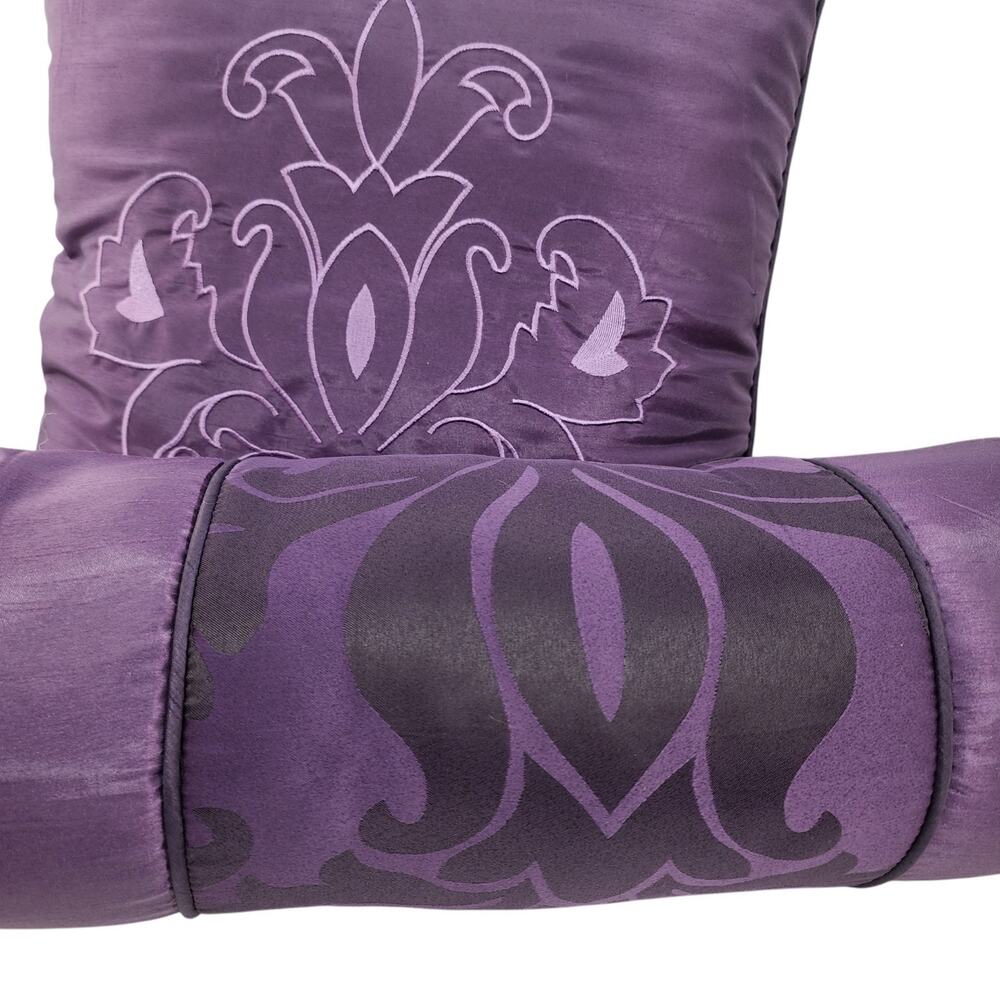 Set of 2 Purple Plum Decorative Bed Couch Pillow Square & Bolster Satin Jacquard - Picture 4 of 7